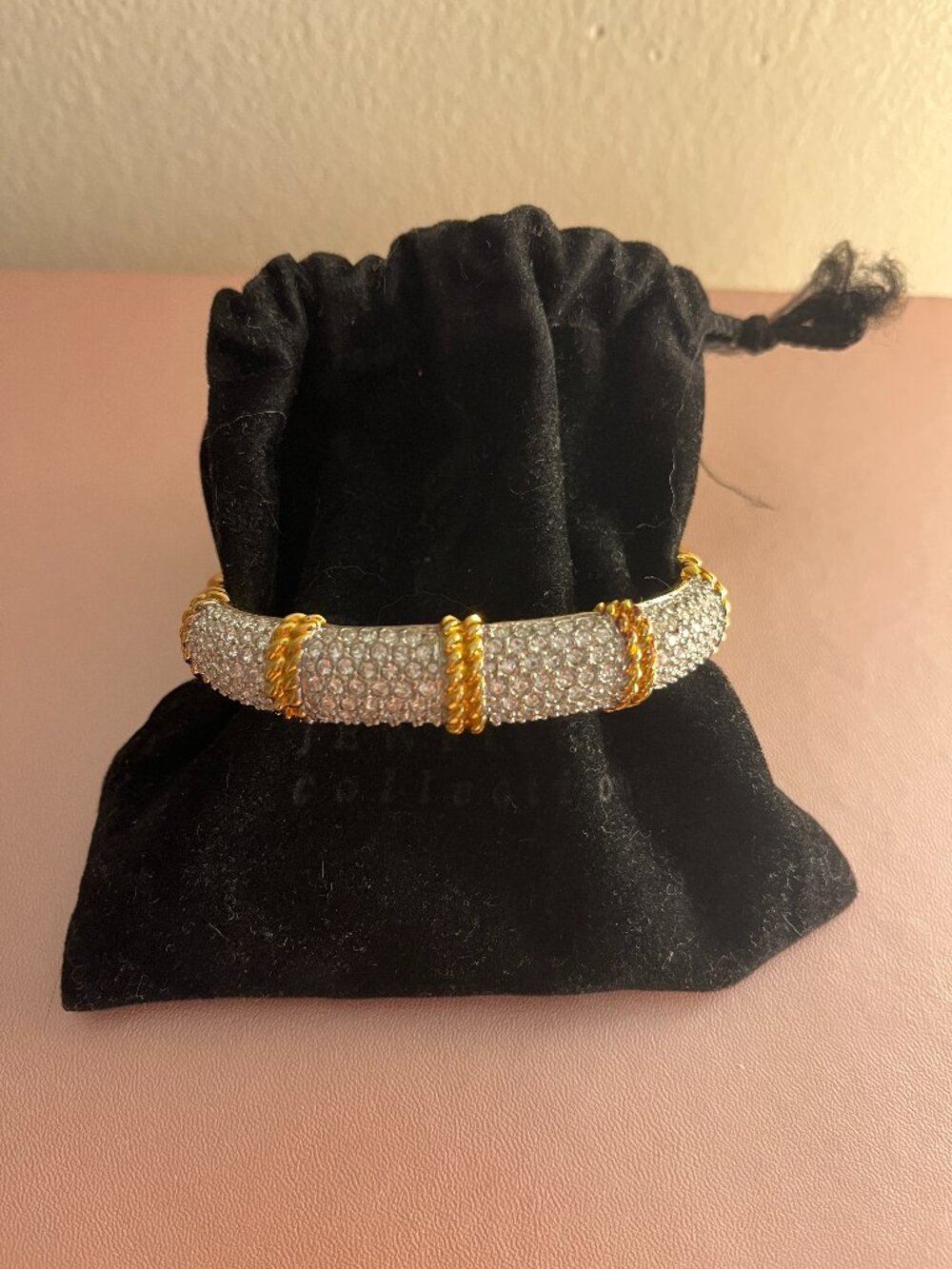 Vintage Swarovski Pavé Crystal Gold-Tone Rope Hinged Bangle